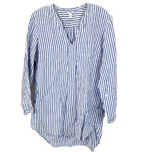 L.L Bean Womens Large White Blue Pinstripes Linen Long Sleeve Blouse Top